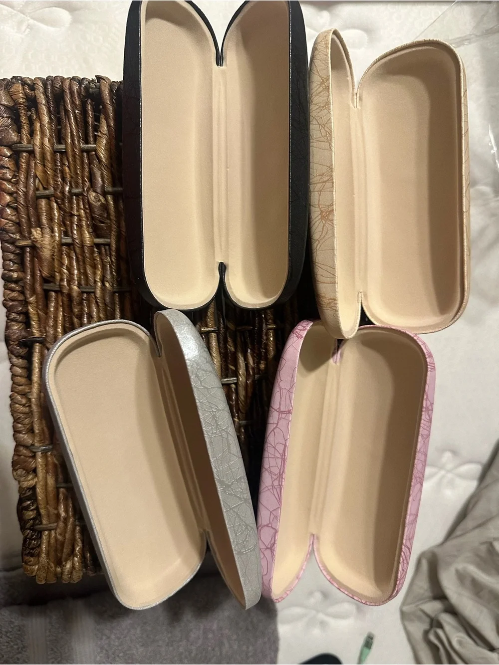 Set of 4 Faux Leather Sunglass Cases - Black, Beige, Gray, Pink